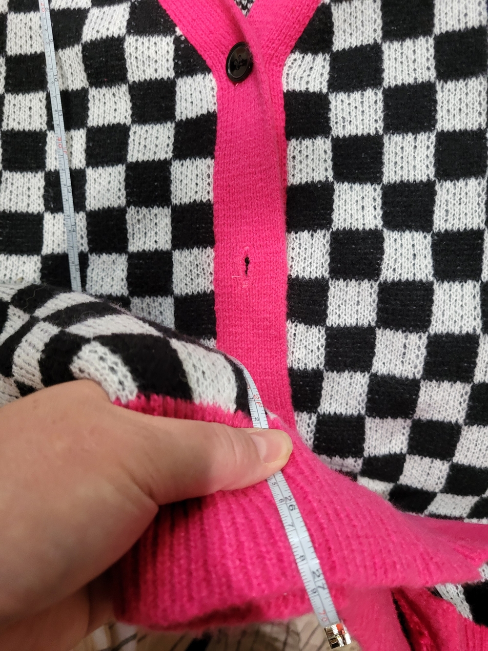 SHEIN Oversized Black & White Checkered Cardigan with Pink Trim - Picture 3 of 5